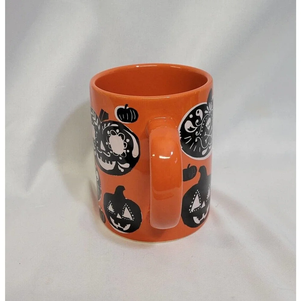 Crate & Barrel Orange Black Halloween Boo Jack-o-lanterns 14 oz Coffee Mug